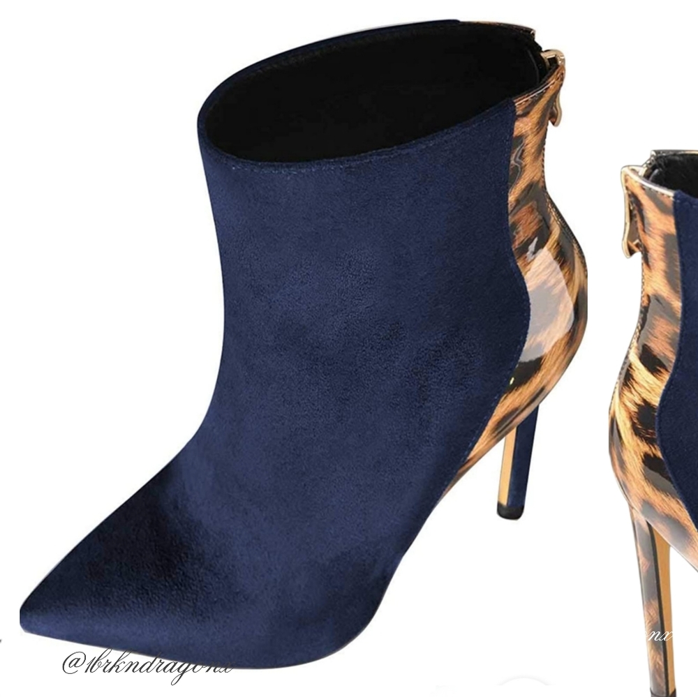 NWT Navy or Black Leopard Stilettos Two Tone Booties Polished Dress Booties - Picture 3 of 14